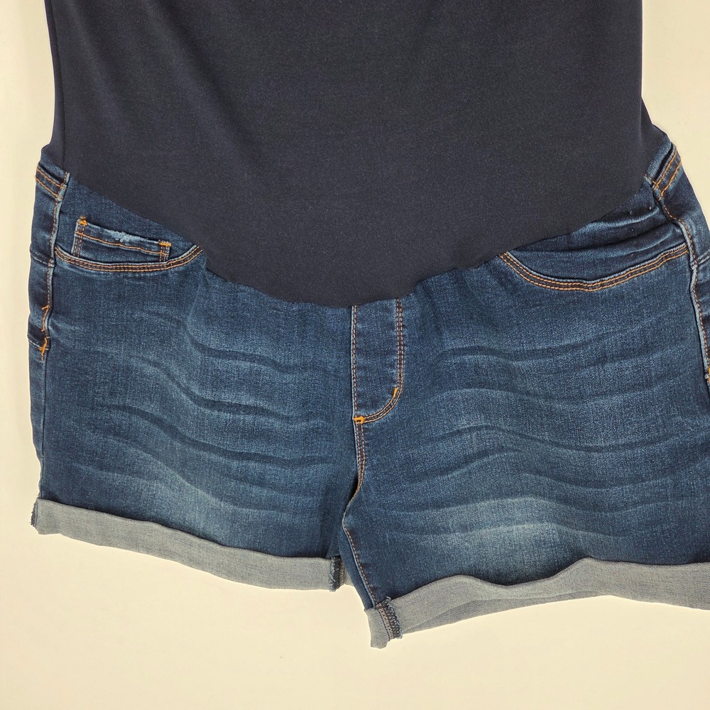 S.O.N.G. Maternity Dark Wash Rayon Stretch Denim Full Belly Band Shorts XL - Picture 4 of 6